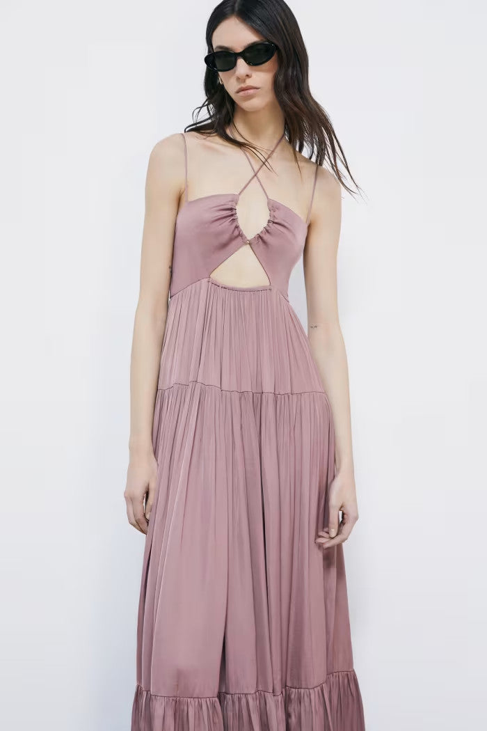 VESTIDO LARGO PLISADO SATÉN