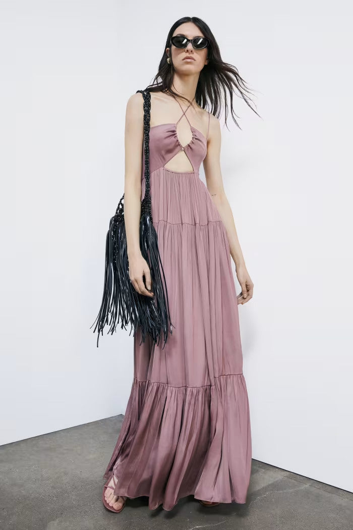 VESTIDO LARGO PLISADO SATÉN